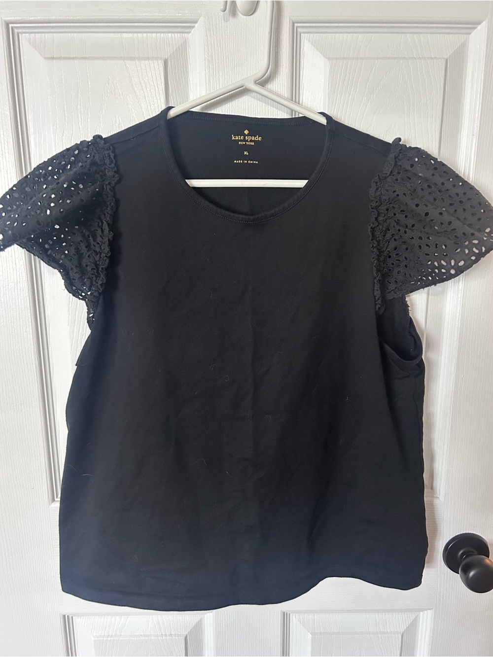 kate spade Black Cotton Tee with Eyelet Flutter Sleeves